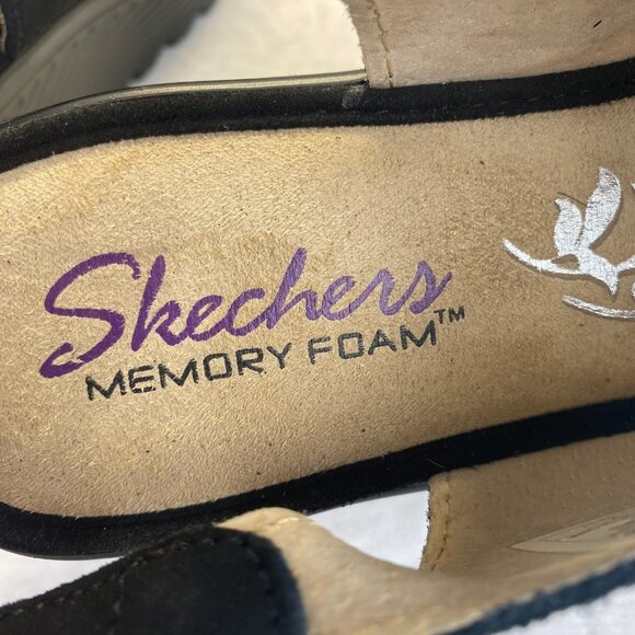 Skechers Black Suede Wedge Sandal Memory Foam Slingback Comfy Platform Women 7.5 - Picture 3 of 12